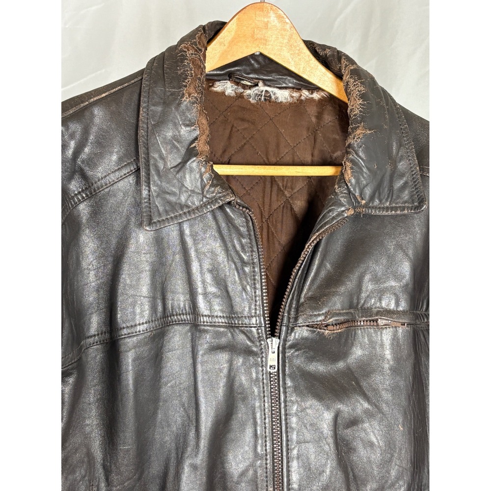 Mens Brown Thrashed Grunge Leather Bomber Jacket Vtg 90s Saks 5th Ave Italy Lrg